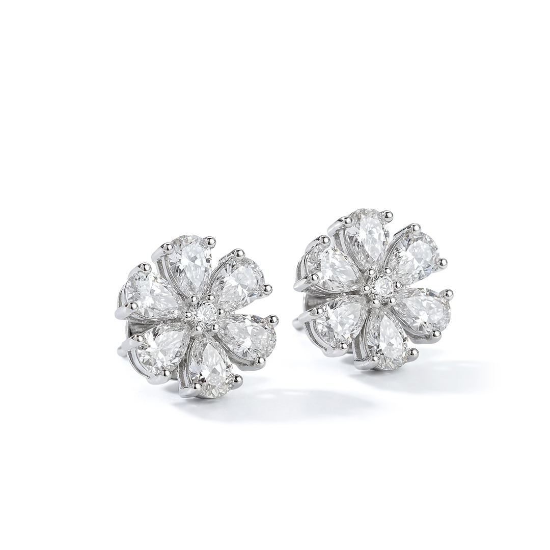 White Gold Pave Diamond Flower Stud Earrings