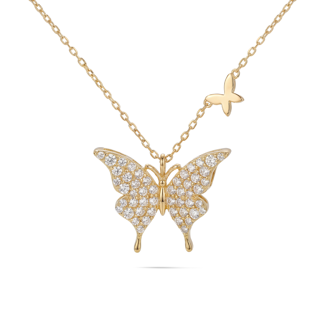 ellow Gold Pave Diamond Butterfly Necklace